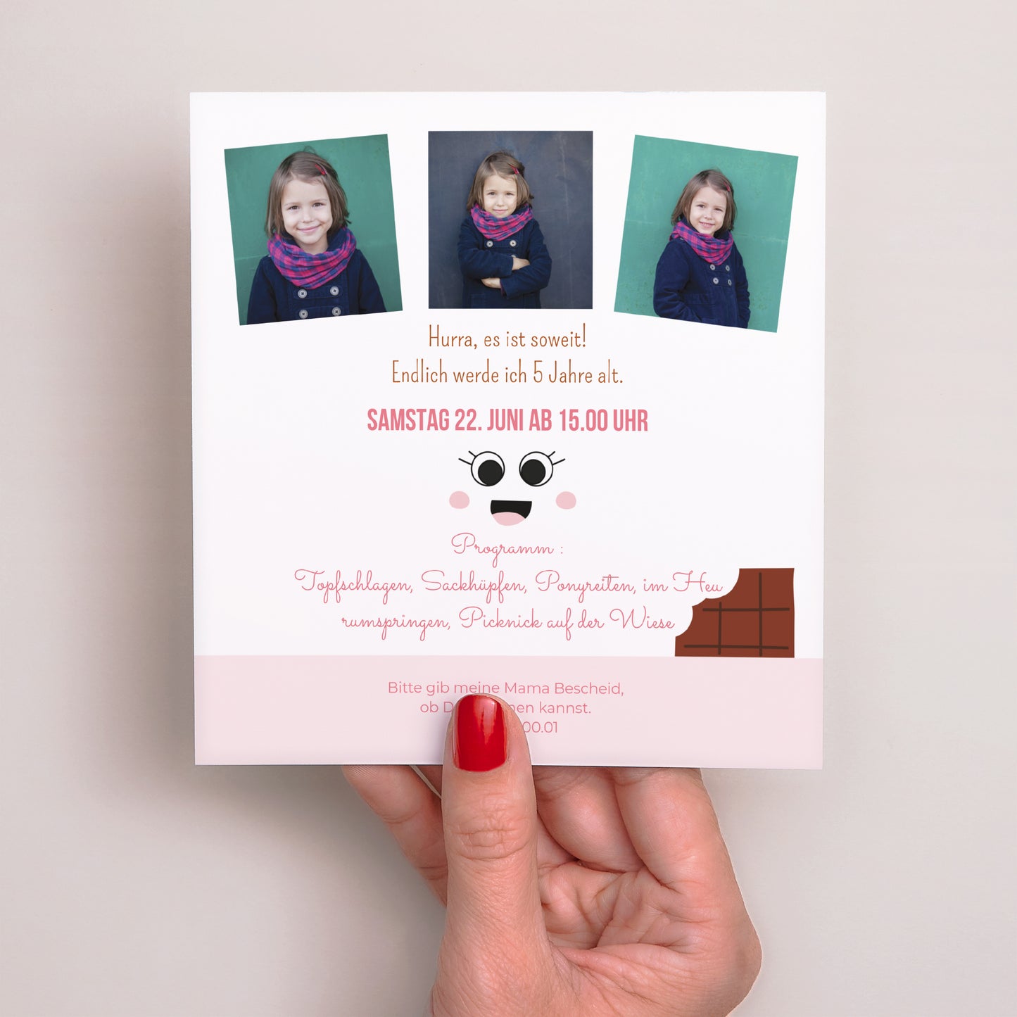 Einladungskarte Kindergeburtstag Quadrat Schoko! foto N° 3