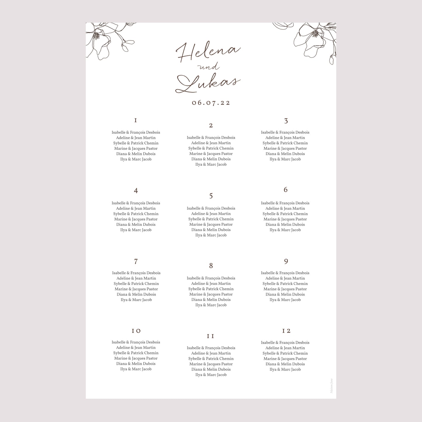 Sitzplan Hochzeit Porträt 60 x 90 cm Blumen-Silhouette III - Kirschbaum foto N° 2