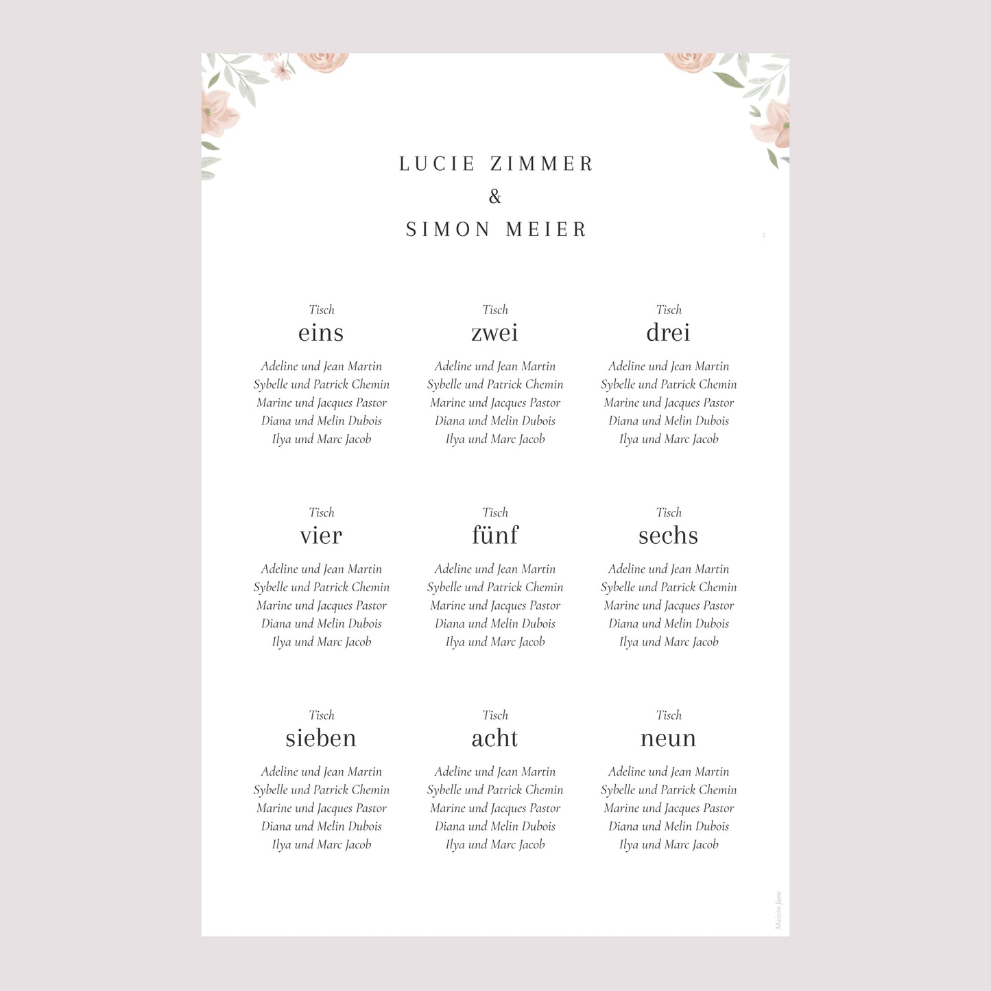 Sitzplan Hochzeit Porträt Floral eingerahmt foto N° 2