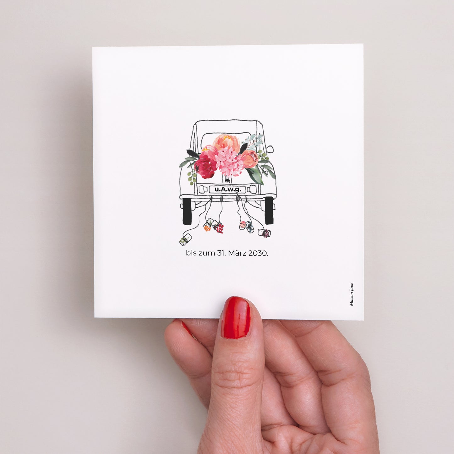 Einladungskarte Hochzeit Quadrat 2CV mit Blumen foto N° 3