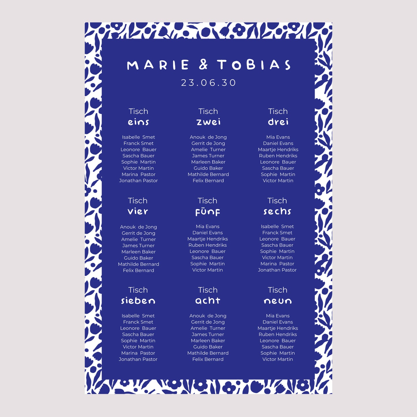 Sitzplan Hochzeit Porträt 60 x 90 cm Blau Majorelle foto N° 2