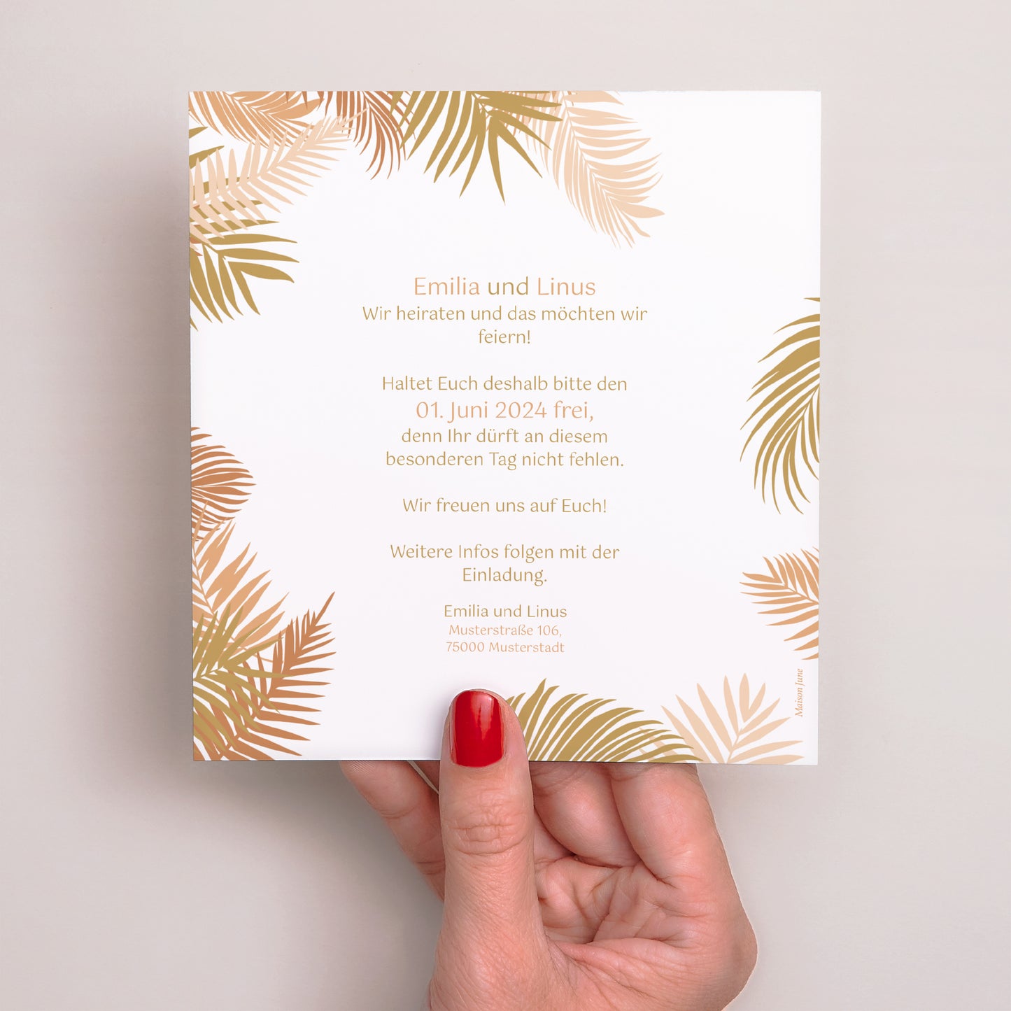 Hochzeitseinladung Quadrat Goldene Palme foto N° 3