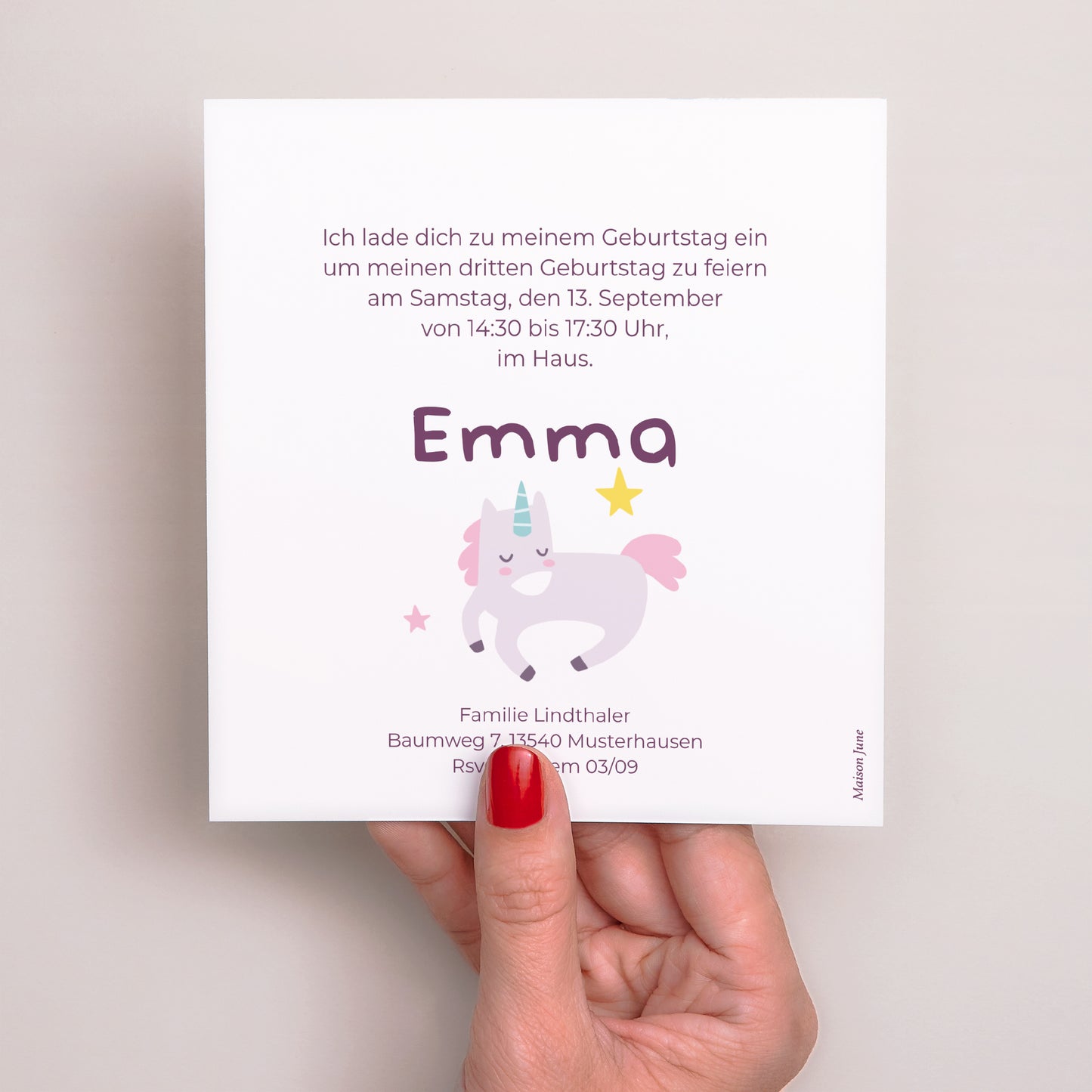 Einladungskarte Kindergeburtstag Quadrat Mein Einhorn foto N° 3