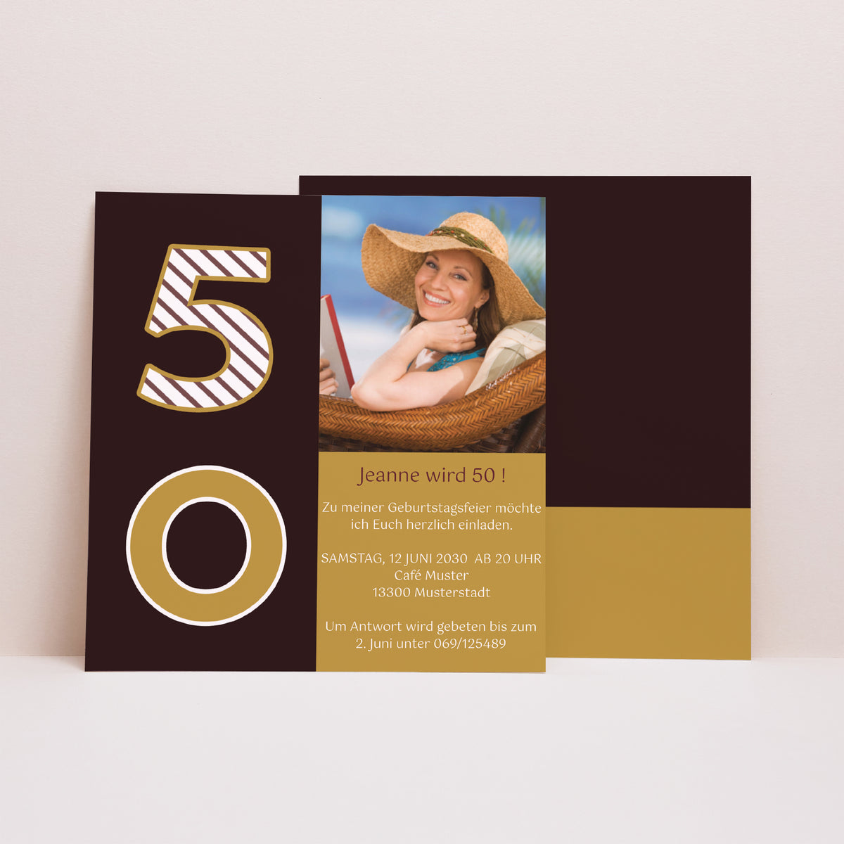 Beilegekarte Geburtstag Erwachsener Quadrat 50 Jahre - Gold und Schokolade foto N° 1