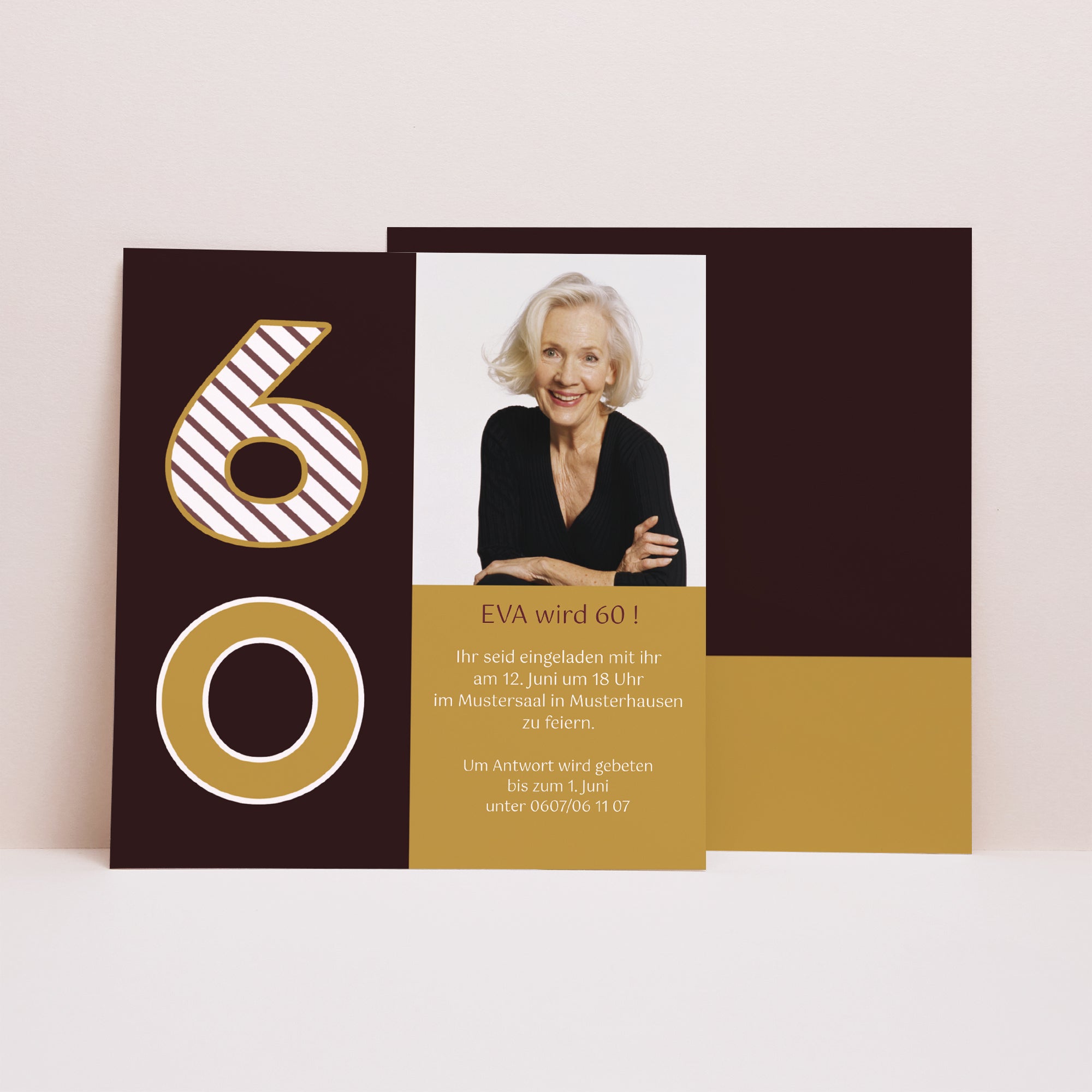 Einladungskarte Geburtstag Quadrat 60 Jahre - Gold und Schokolade foto N° 1