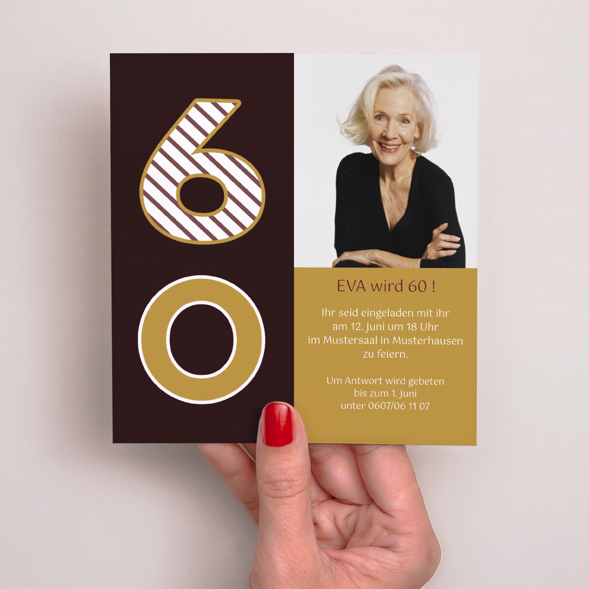 Einladungskarte Geburtstag Quadrat 60 Jahre - Gold und Schokolade foto N° 2