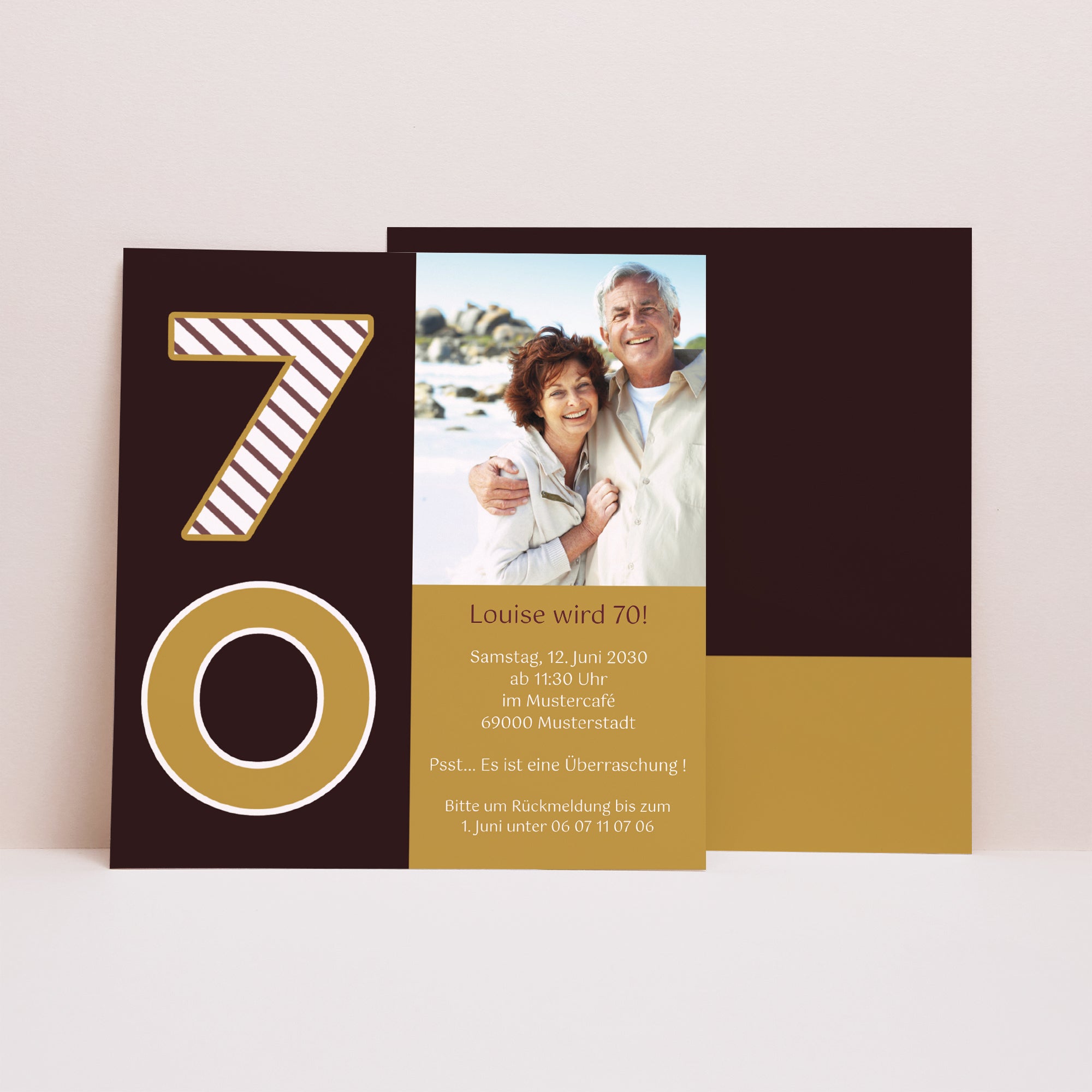 Beilegekarte Geburtstag Erwachsener Quadrat 70 Jahre - Gold und Schokolade foto N° 1