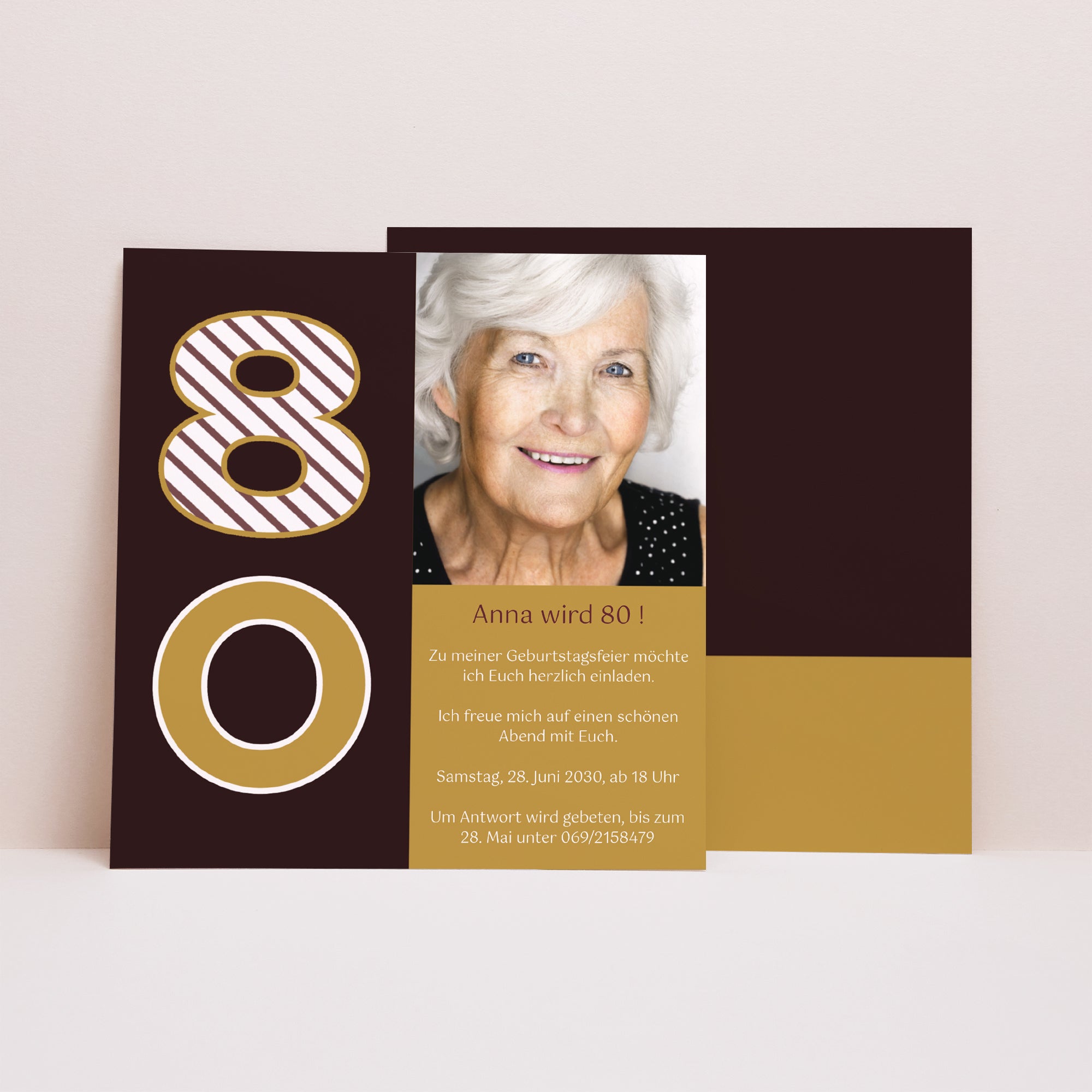 Beilegekarte Geburtstag Erwachsener Quadrat 80 Jahre - Gold und Schokolade foto N° 1