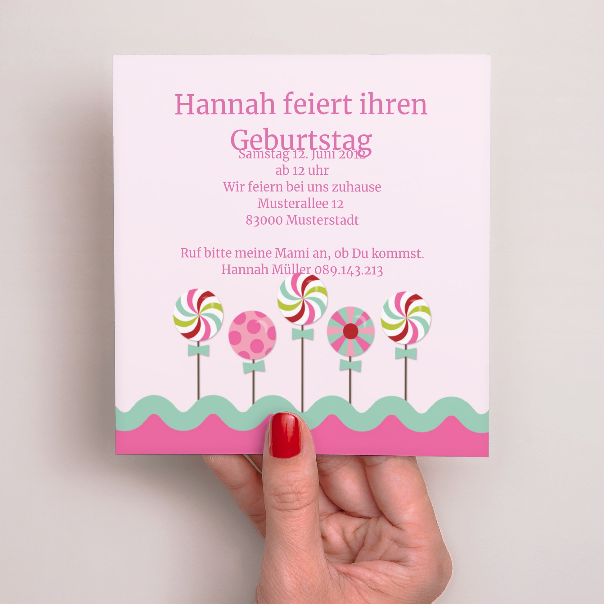 Einladungskarte Kindergeburtstag Quadrat Gerstenzucker foto N° 2