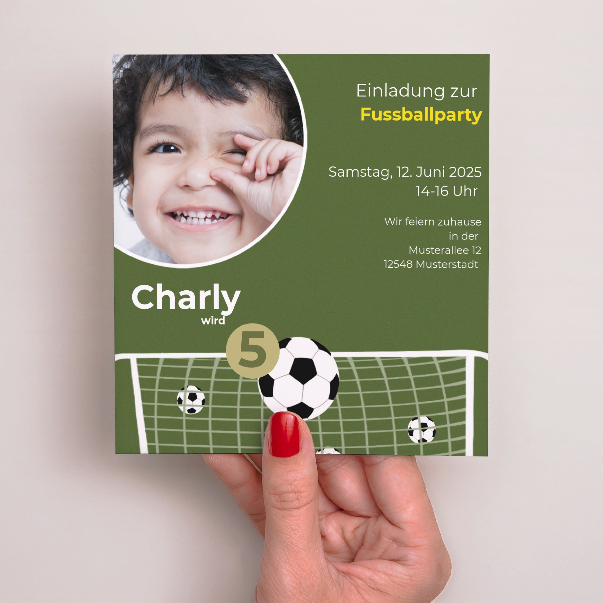 Einladungskarte Kindergeburtstag Quadrat Fußballspiel foto N° 2