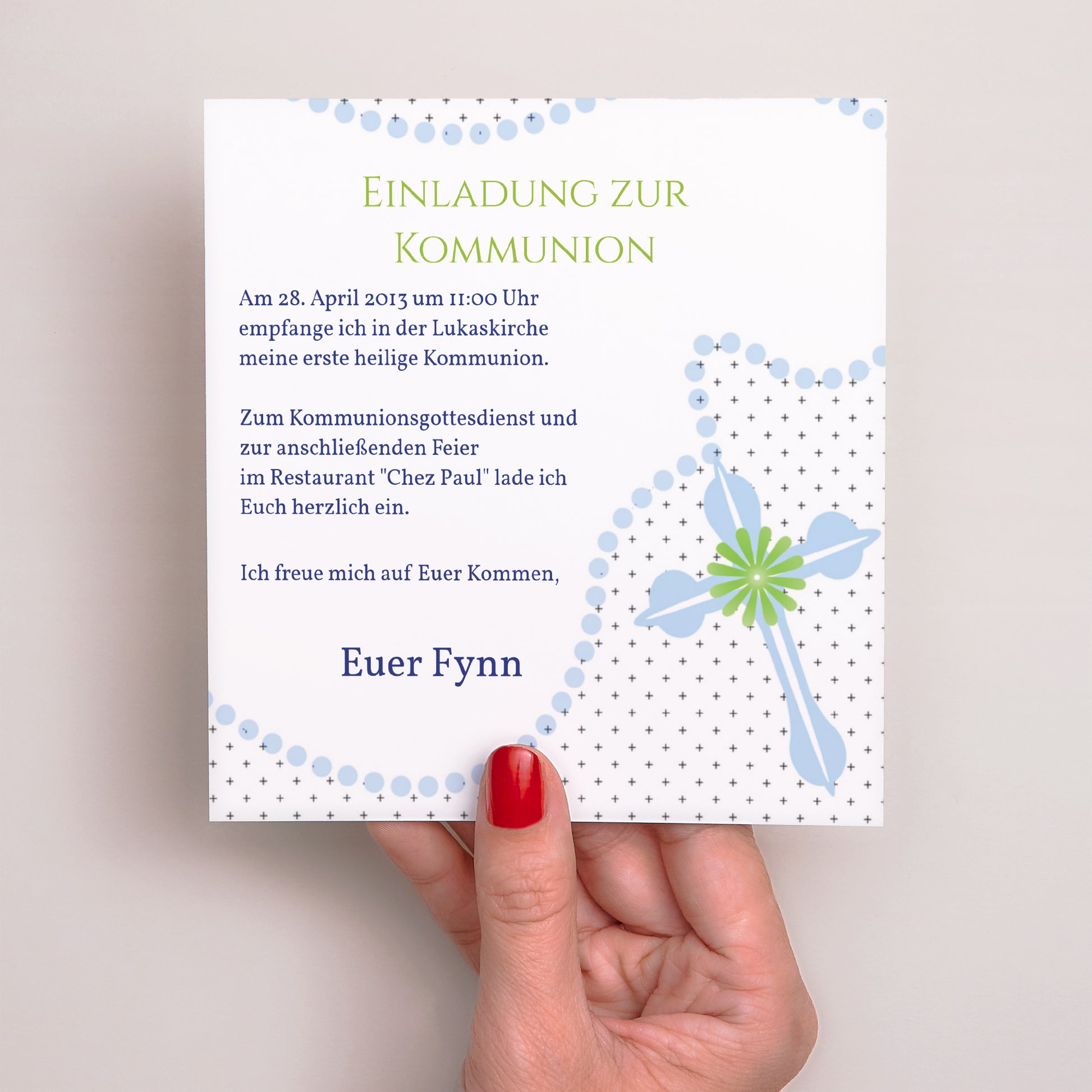 Einladungskarte Kommunion Quadrat Blauer Rosenkranz foto N° 2