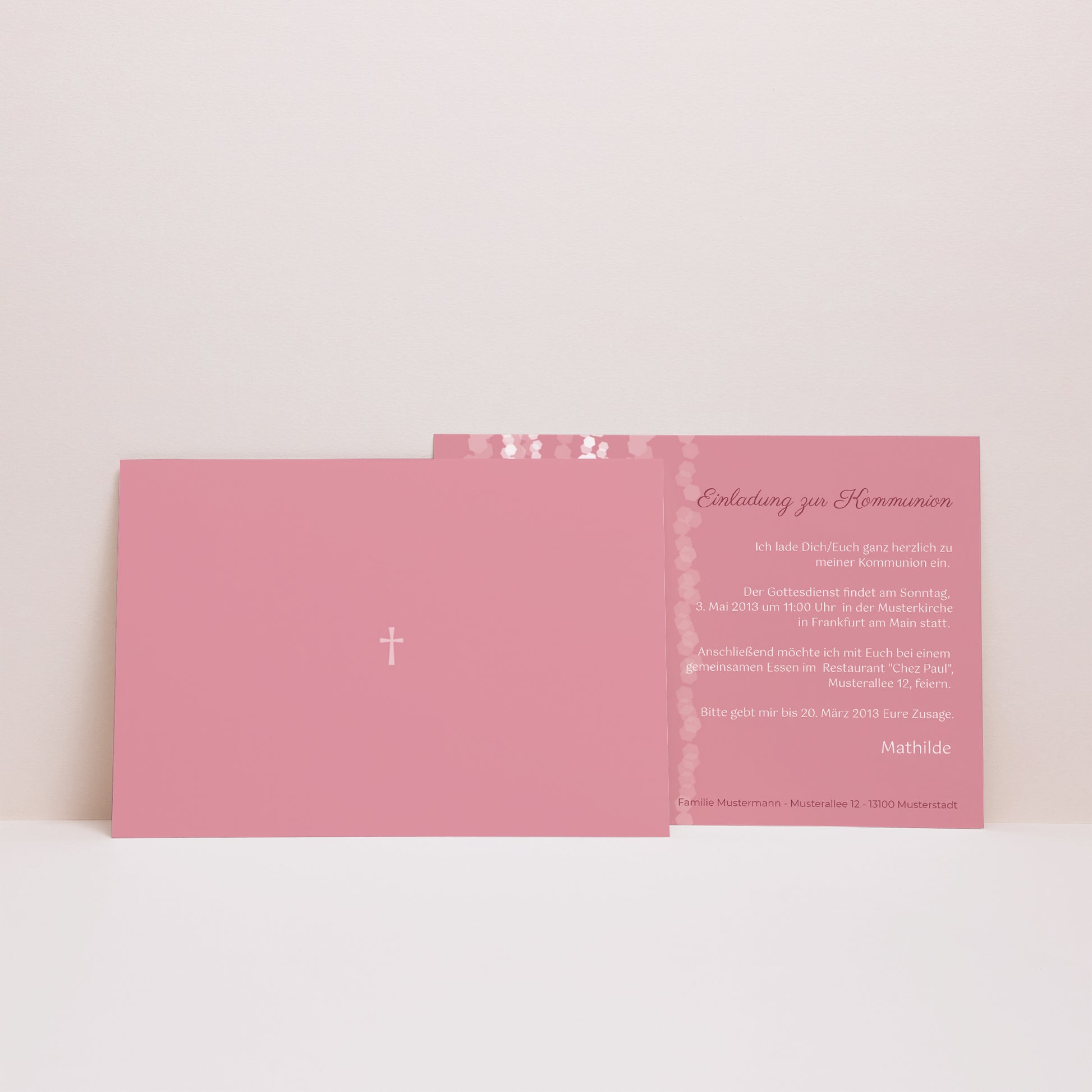 Einladungskarte Kommunion Landschaft Zeitgenössisches Kreuz Rosa foto N° 2
