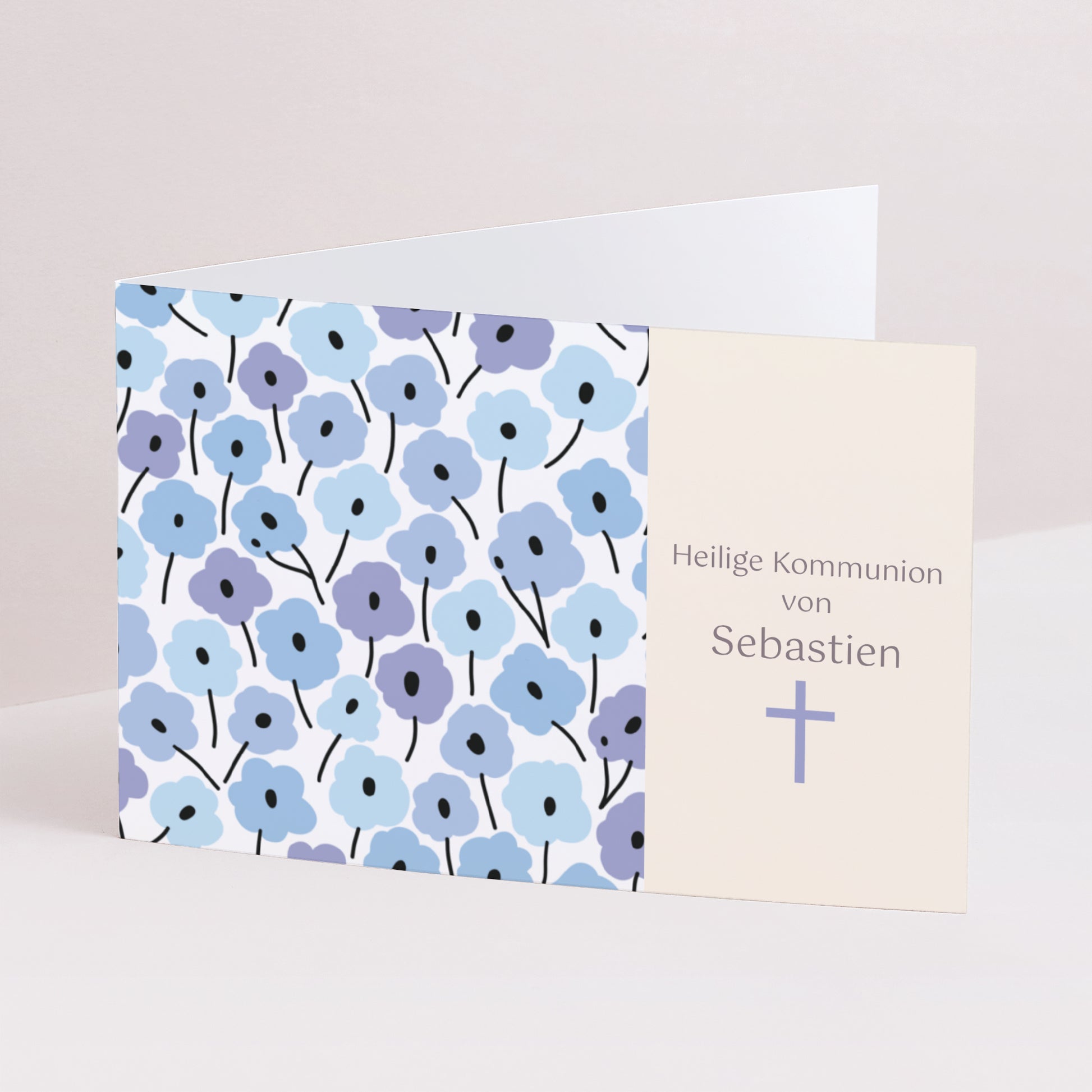 Beilegekarte Kommunion Doppelflügel-Landschaft Blaue Blumen foto N° 1