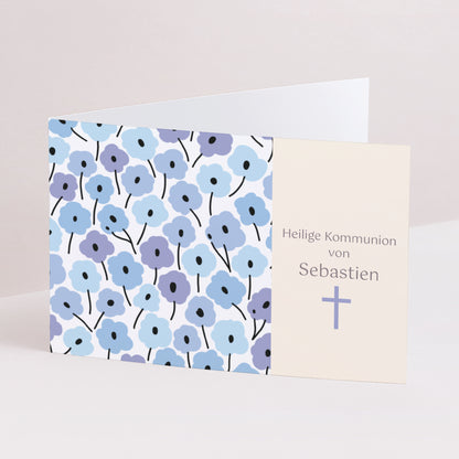 Beilegekarte Kommunion Doppelflügel-Landschaft Blaue Blumen foto N° 1