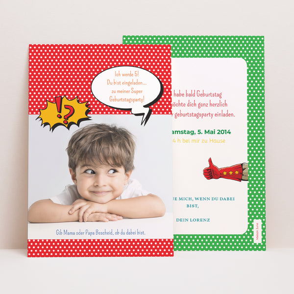 Einladungskarte Kindergeburtstag PortraitPorträt Superparty foto