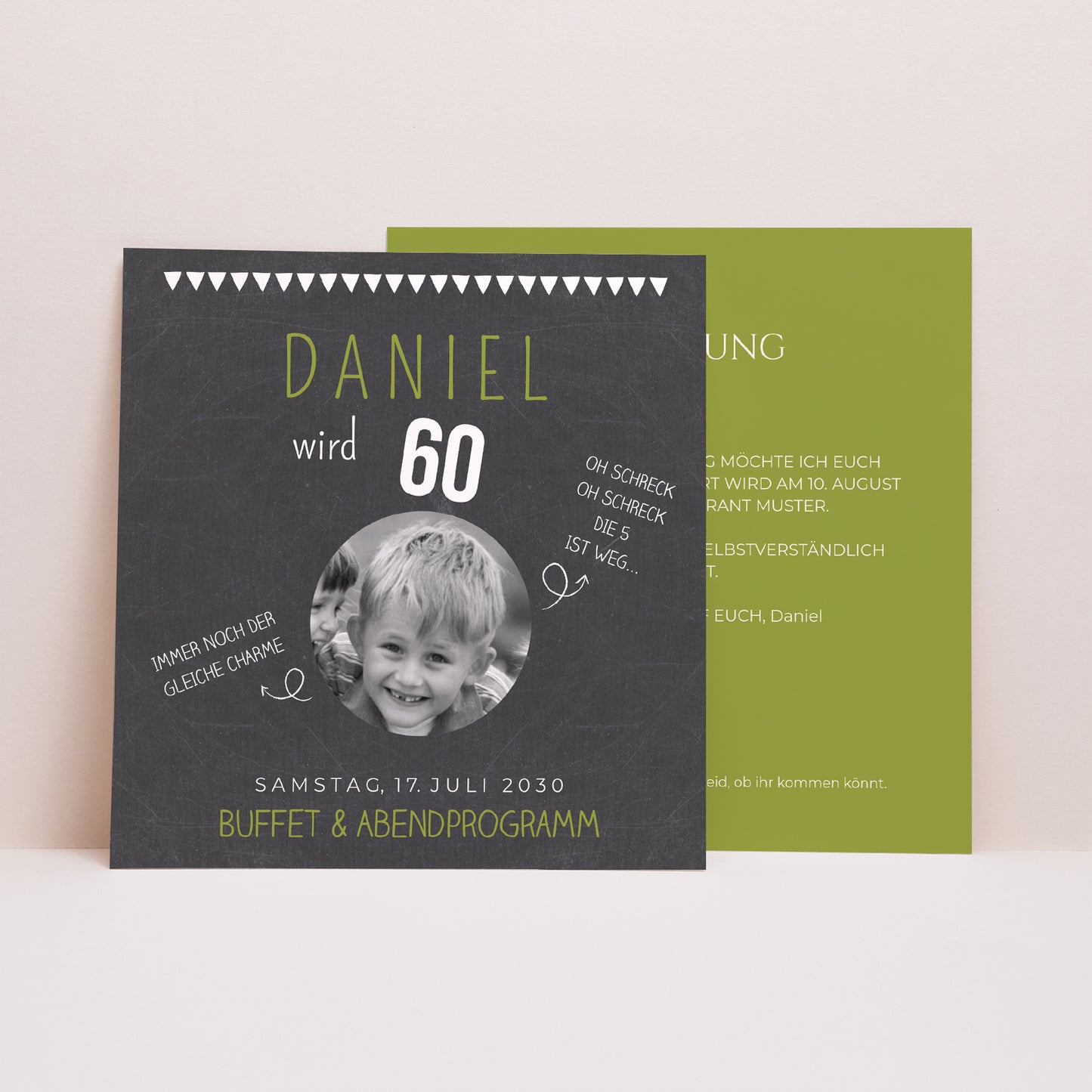 Einladungskarte Geburtstag Quadrat Schiefer und Olive foto N° 1