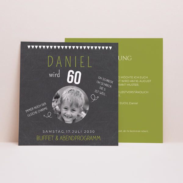 Einladungskarte Geburtstag Quadrat Schiefer und Olive foto