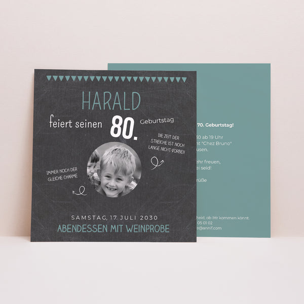 Einladungskarte Geburtstag Quadrat 80 Jahre Schiefer foto