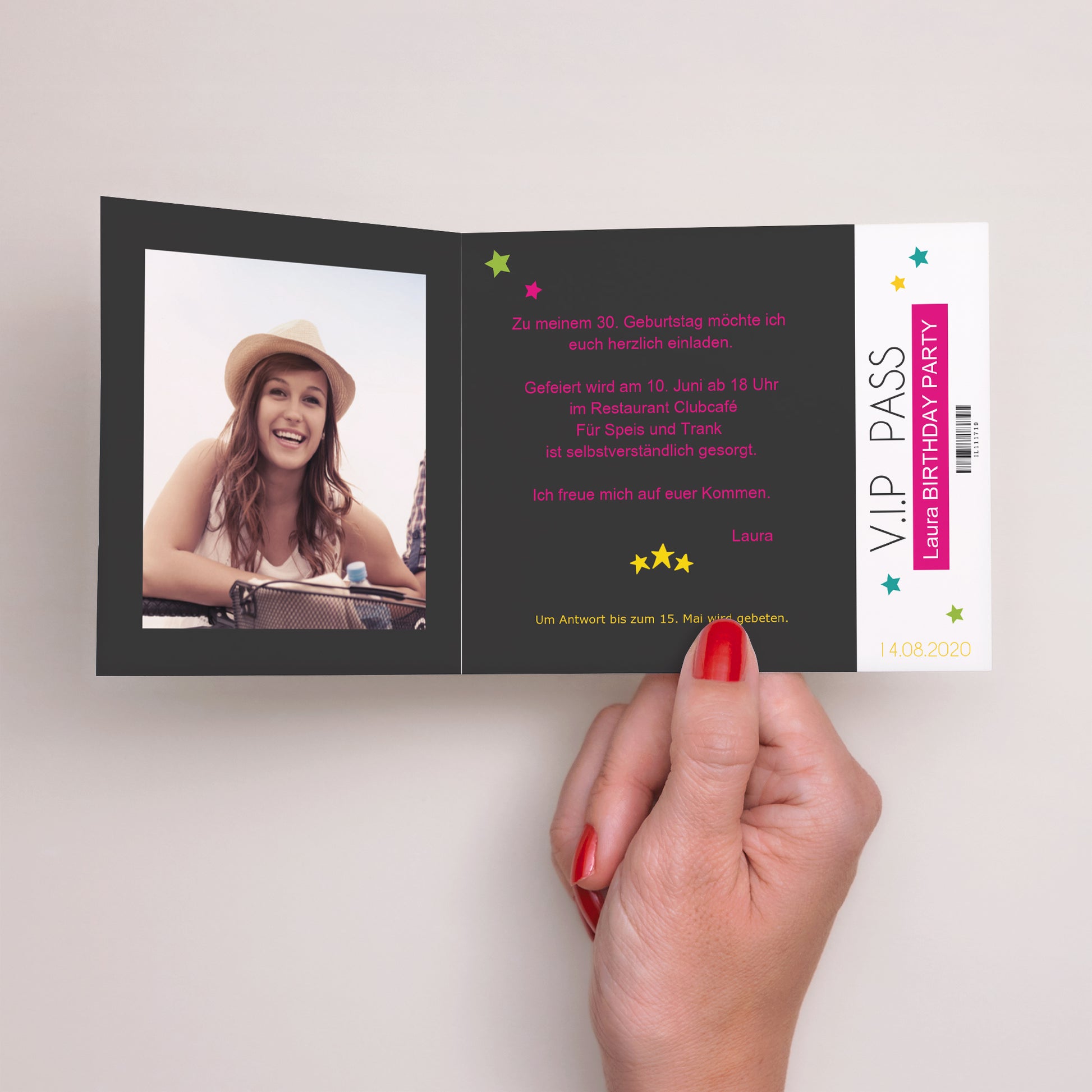 Einladungskarte Geburtstag Asymmetrische Zweiflügeltür Karaoke Rose foto N° 2