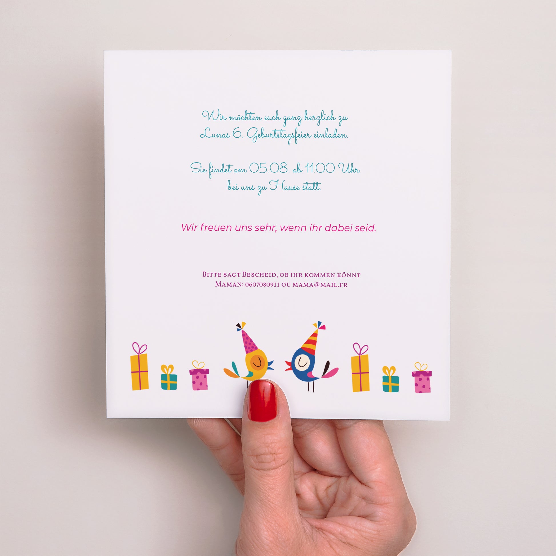 Einladungskarte Kindergeburtstag Quadrat 6 Jahre Vive la fête foto N° 3