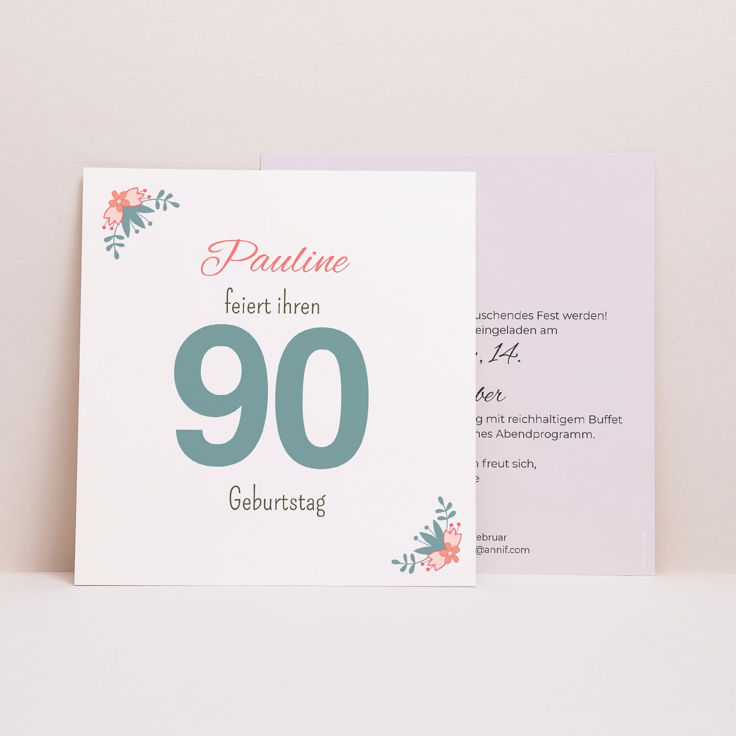 Einladungskarte Geburtstag Quadrat 90 blumige Jahre foto N° 1