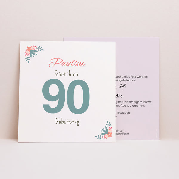 Einladungskarte Geburtstag Quadrat 90 blumige Jahre foto