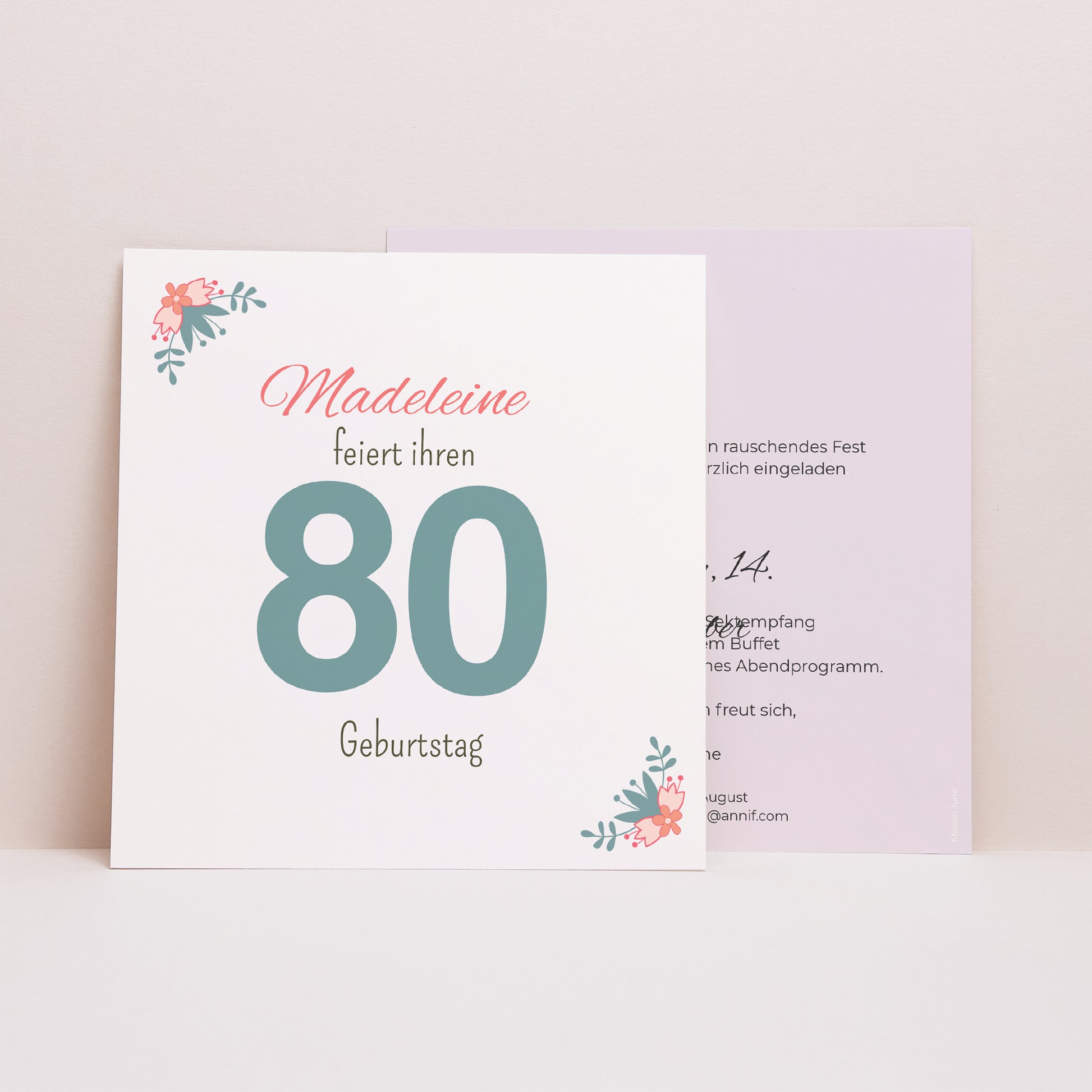 Einladungskarte Geburtstag Quadrat 80 hübsche Blumen foto N° 1