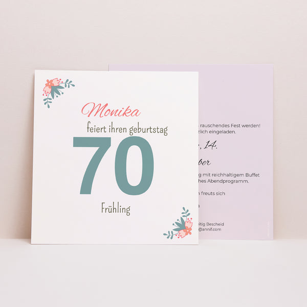 Einladungskarte Geburtstag Quadrat 70 kleine Blumen foto