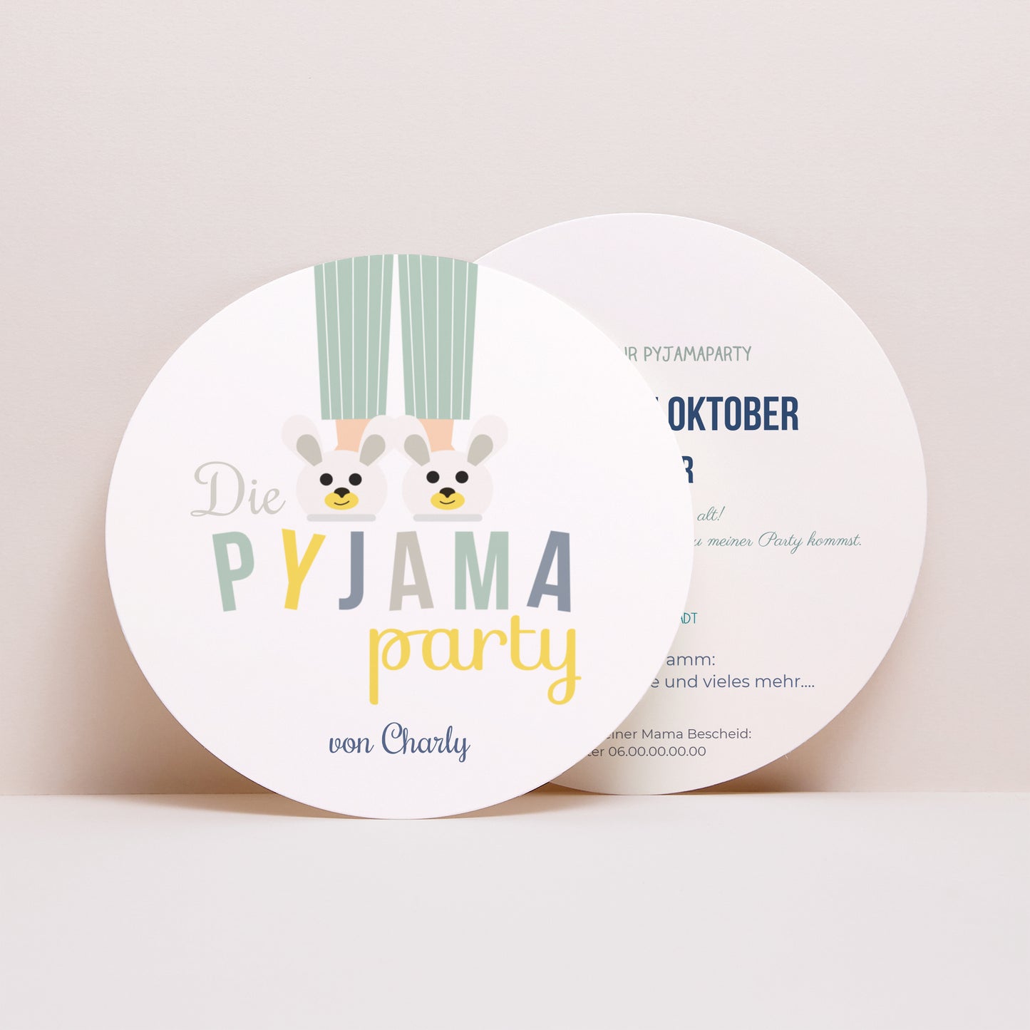 Einladungskarte Kindergeburtstag Rund Pyjama Party foto N° 1