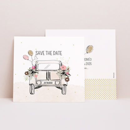 Save the date Karte Hochzeit Quadrat 2CV Citroen foto N° 1