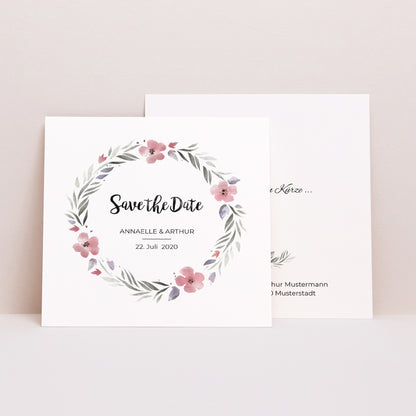 Save the date Karte Hochzeit Quadrat Romantische Blumen foto N° 1