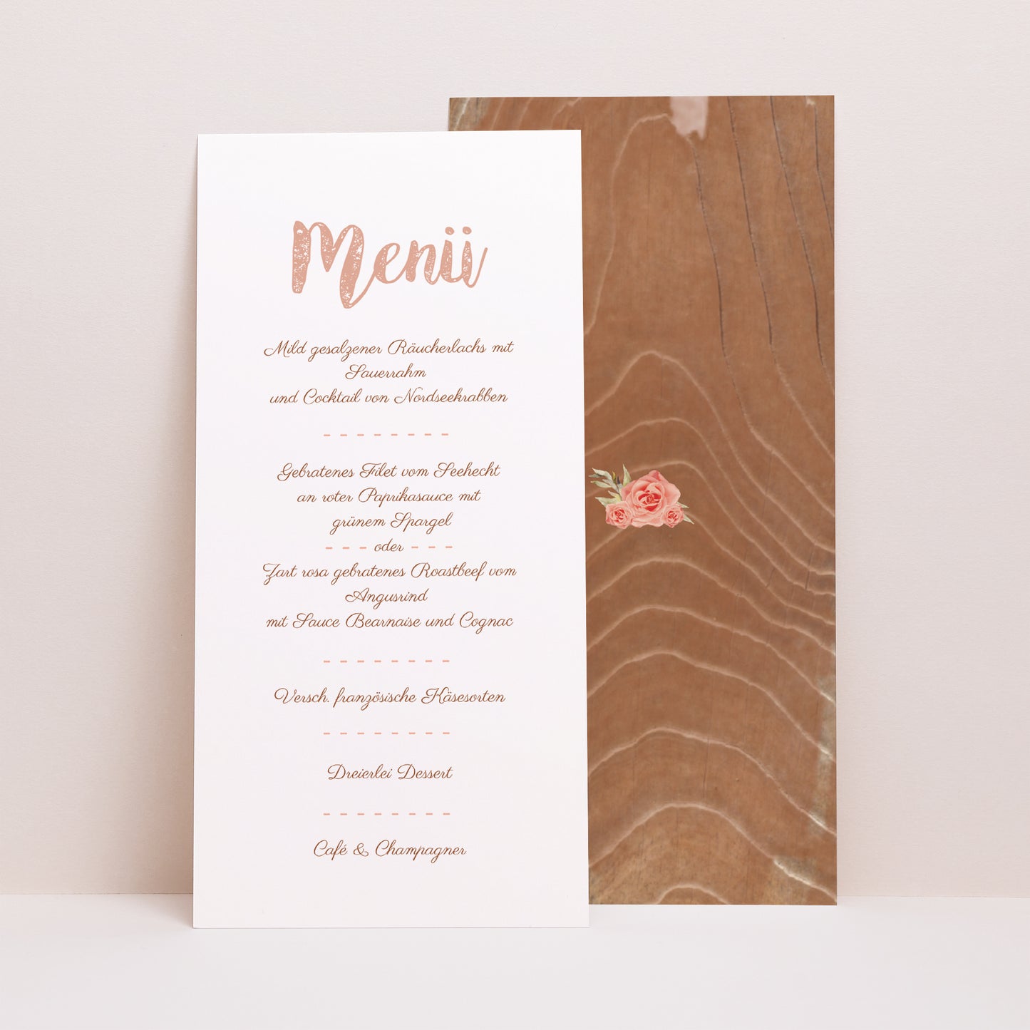 Menükarte Hochzeit Panoramatisches Porträt Rose Chic & Holz foto N° 1