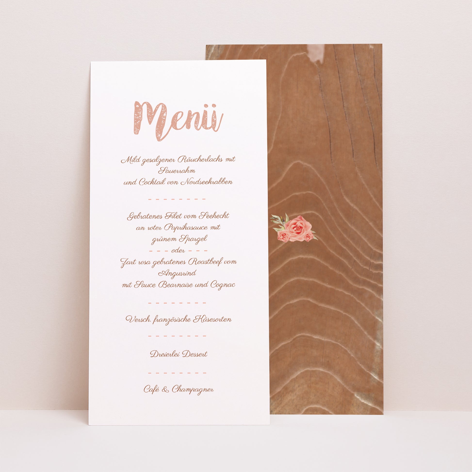 Menükarte Hochzeit Panoramatisches Porträt Rose Chic & Holz foto N° 1