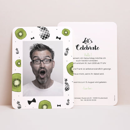Einladungskarte Geburtstag Porträt, abgerundete Kanten Kiwis & Ananas foto N° 1