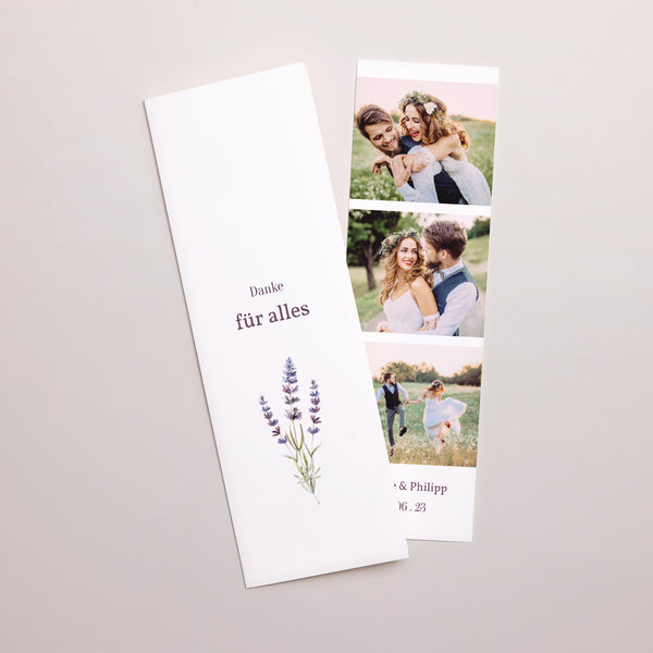 Dankeskarte Hochzeit Fotoautomaten Lesezeichen Lavendelstrauß foto