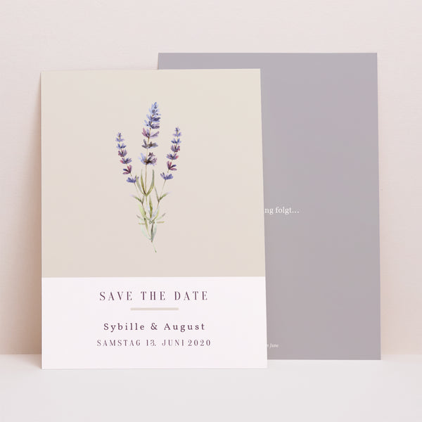 Save the date Karte Hochzeit Porträt Lavendelstrauß foto