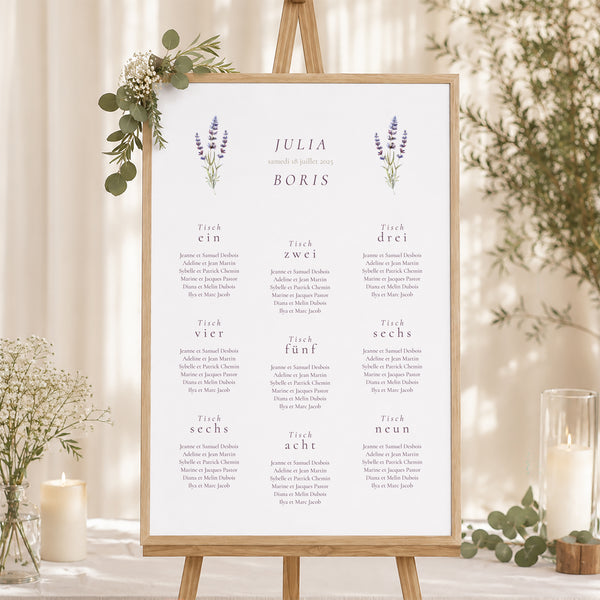 Sitzplan Hochzeit Porträt Lavendelstrauß foto