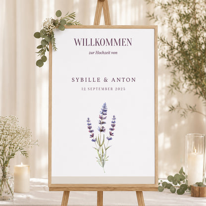Begrüßungstafel Hochzeit Porträt 60 x 90 cm Lavendelstrauß foto N° 1