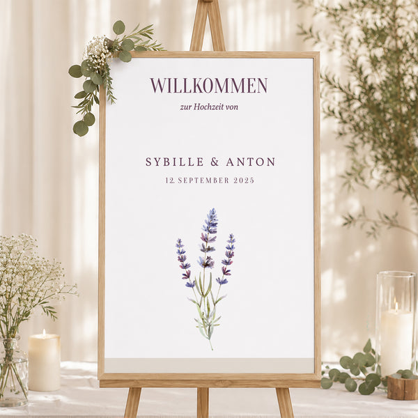 Begrüßungstafel Hochzeit Porträt 60 x 90 cm Lavendelstrauß foto