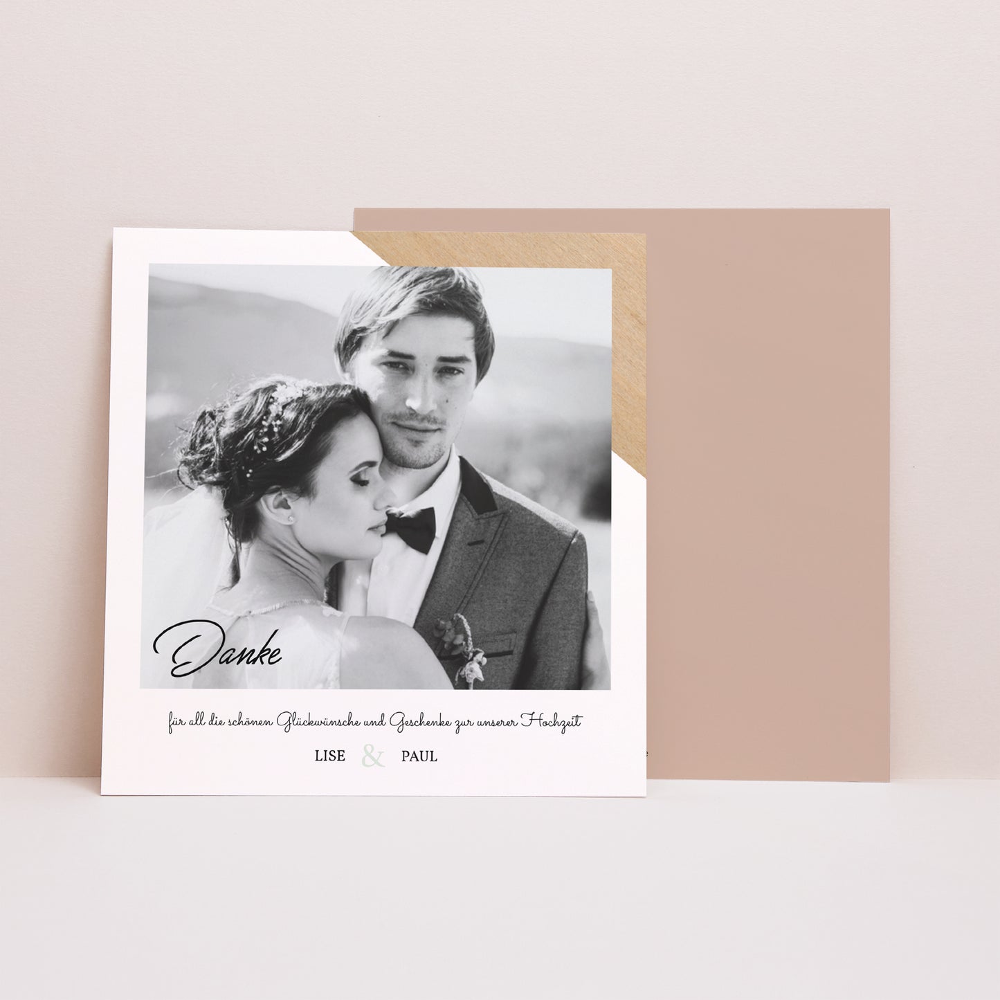 Dankeskarte Hochzeit Quadrat Holz & Pastell foto N° 1