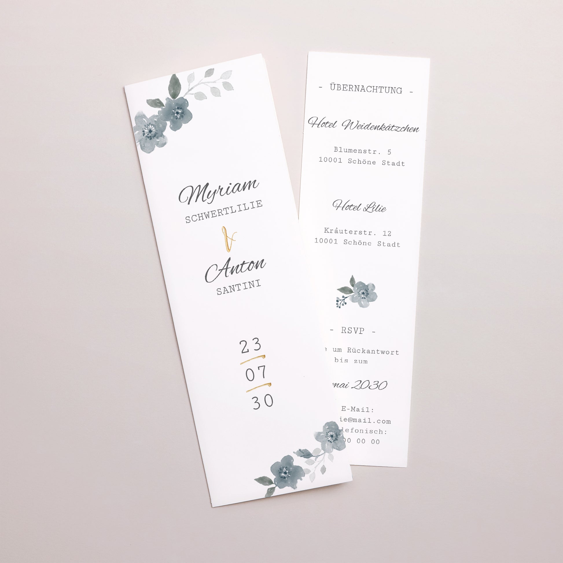 Hochzeitseinladung Fotoautomaten Lesezeichen Botanisches Blau foto N° 1