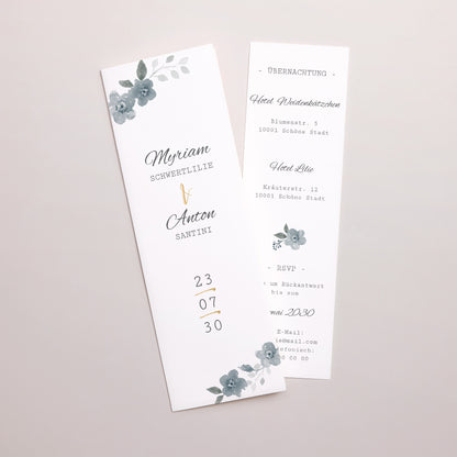 Hochzeitseinladung Fotoautomaten Lesezeichen Botanisches Blau foto N° 1