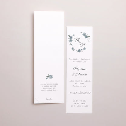 Hochzeitseinladung Fotoautomaten Lesezeichen Botanisches Blau foto N° 3