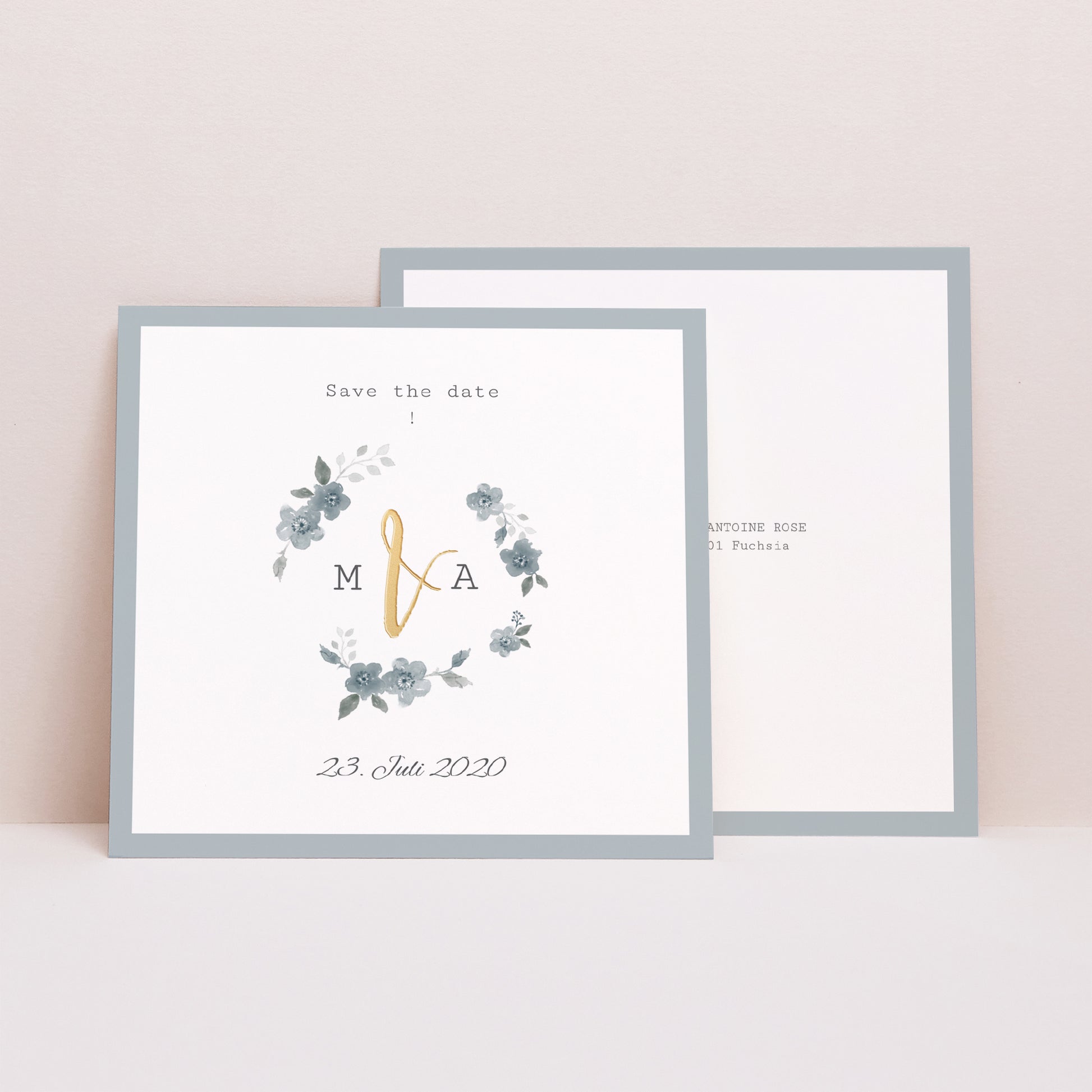 Save the date Karte Hochzeit Quadrat Botanisches Blau foto N° 1
