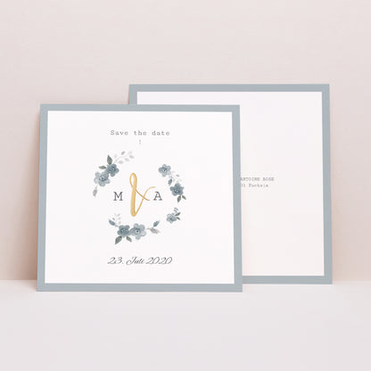 Save the date Karte Hochzeit Quadrat Botanisches Blau foto N° 1