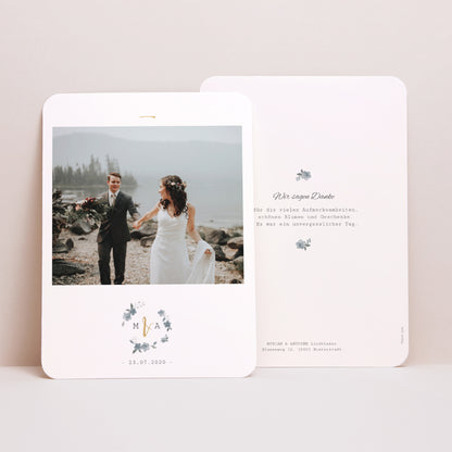 Dankeskarte Hochzeit Porträt, abgerundete Kanten Botanisches Blau foto N° 1