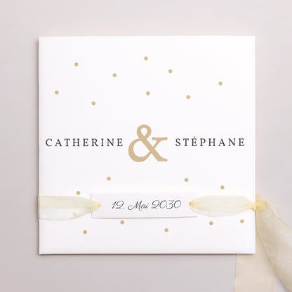 Hochzeitseinladung Quadratische Hülle, 3 Karten, Etikett Goldene Tasten foto N° 1