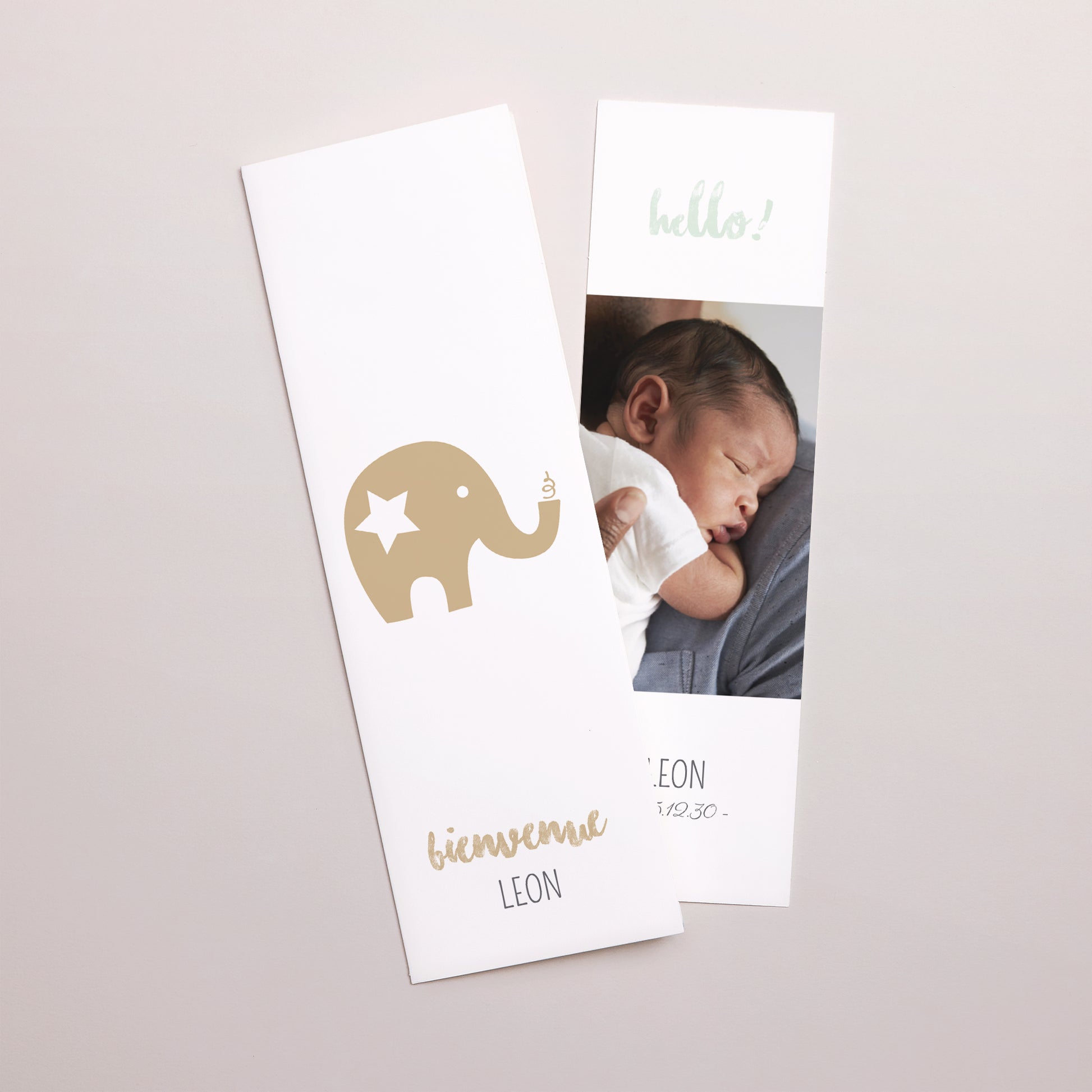Geburtskarte Fotoautomaten Lesezeichen Goldener Elefant foto N° 1