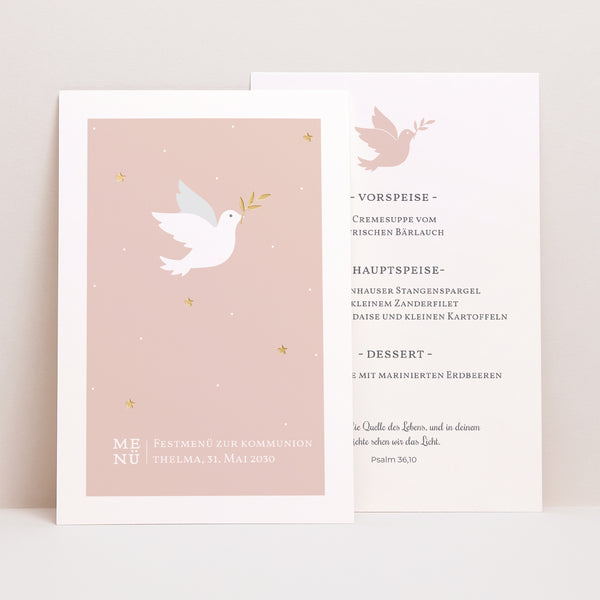 Menükarte Kommunion PortraitPorträt Holy Spirit Rose foto
