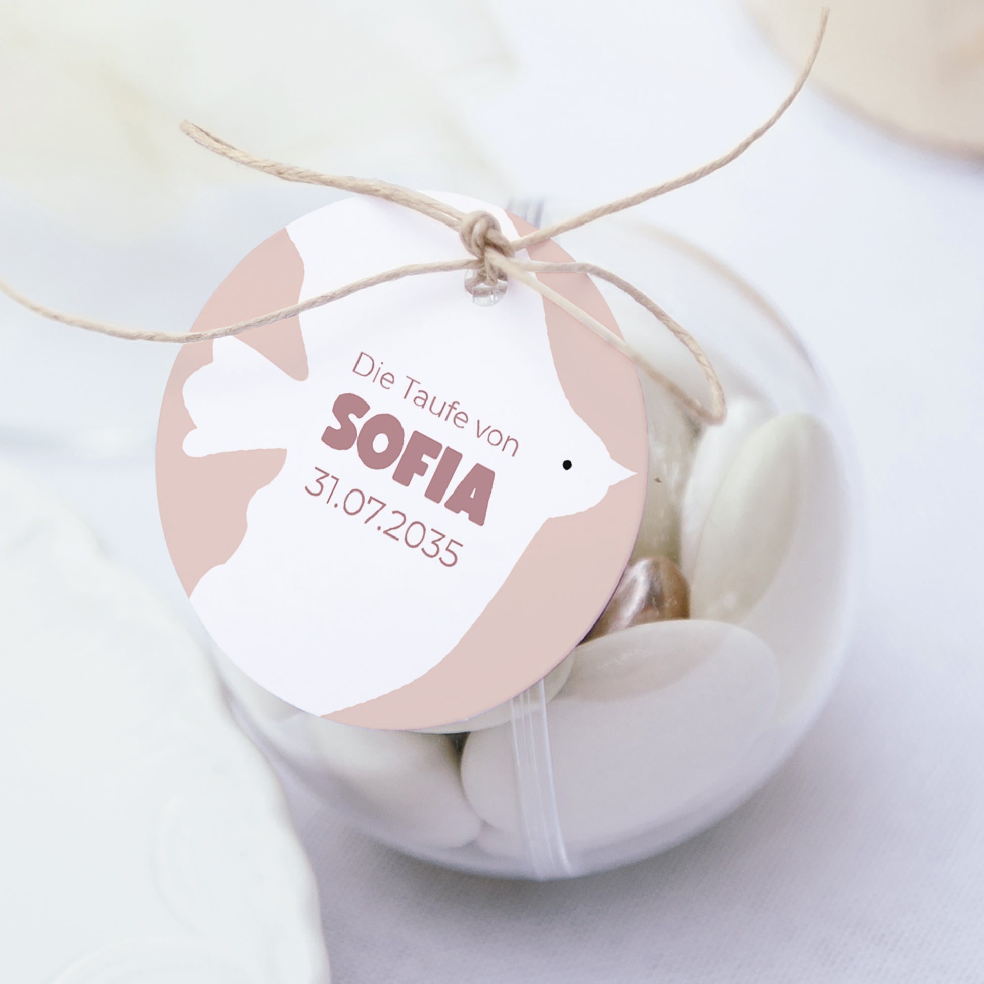 Geschenkbox Taufe Kugel mit runder Etikette Rosa Taube foto N° 1
